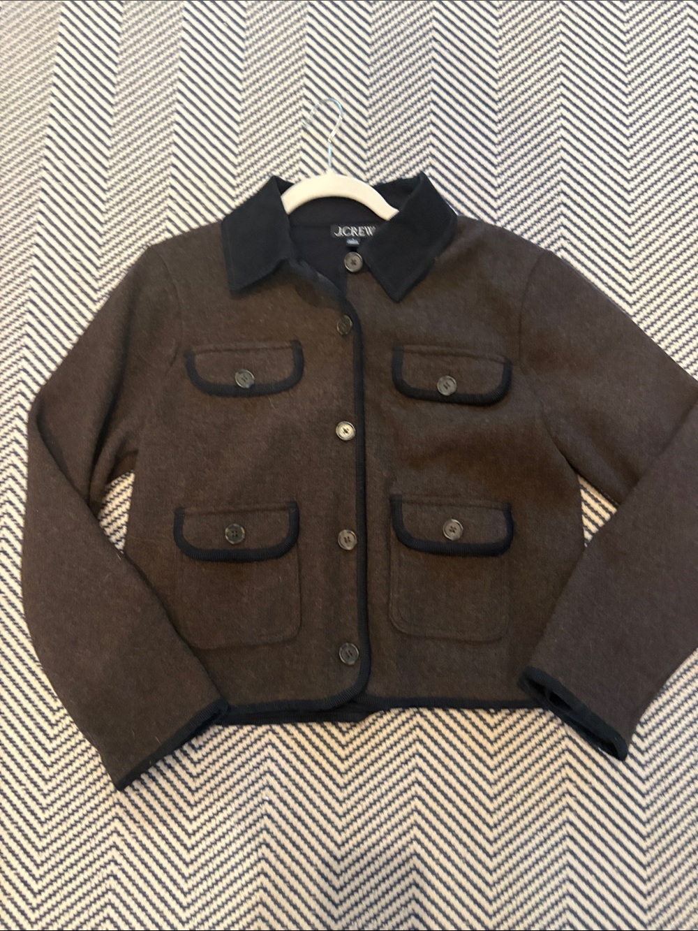 J. Crew woman’s  Brown Wool Peacoat with Dark Trim. Black corduroy collar